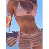 image:imageMakeMeChic Womens 3 Piece Crochet Bikini Sets Halter Triangle Summer Bathing Suit with Cover Up Skirt SwimsuitsPink