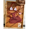 image:imageMakeMeChic Womens 3 Piece Crochet Bikini Sets Halter Triangle Summer Bathing Suit with Cover Up Skirt SwimsuitsRed