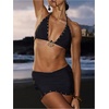 image:imageMakeMeChic Womens 3 Piece Swimsuits Halter Triangle Metal Ring Tie Back Bikini Sets with Cover UpBlack