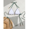 image:imageMakeMeChic Womens Striped Triangle Thong Micro Bikini Sets Halter Swimsuits Bathing SuitDark Green