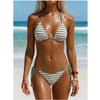 image:imageMakeMeChic Womens Striped Triangle Thong Micro Bikini Sets Halter Swimsuits Bathing SuitDark Green