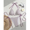 image:imageMakeMeChic Womens Striped Triangle Thong Micro Bikini Sets Halter Swimsuits Bathing SuitPurplish Red