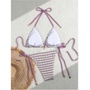 image:imageMakeMeChic Womens Striped Triangle Thong Micro Bikini Sets Halter Swimsuits Bathing SuitPurplish Red