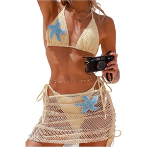 image:imageMAKEMECHIC Womens 3 Piece Bathing Suits Starfish Crochet Triangle Halter Ruched Bikini Set with Cover Up SkirtApricot