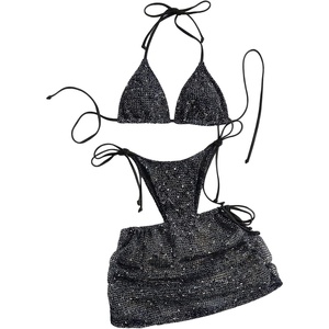 image:imageMakeMeChic Womens 3 Piece Crochet Bikini Sets Halter Triangle Summer Bathing Suit with Cover Up Skirt SwimsuitsBlue