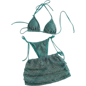 image:imageMakeMeChic Womens 3 Piece Crochet Bikini Sets Halter Triangle Summer Bathing Suit with Cover Up Skirt SwimsuitsDark Green