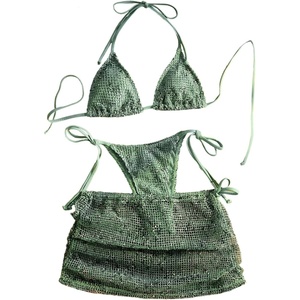 image:imageMakeMeChic Womens 3 Piece Crochet Bikini Sets Halter Triangle Summer Bathing Suit with Cover Up Skirt SwimsuitsGrass Green