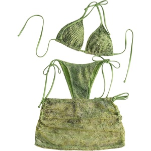 image:imageMakeMeChic Womens 3 Piece Crochet Bikini Sets Halter Triangle Summer Bathing Suit with Cover Up Skirt SwimsuitsGreen