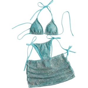 image:imageMakeMeChic Womens 3 Piece Crochet Bikini Sets Halter Triangle Summer Bathing Suit with Cover Up Skirt SwimsuitsMint Blue