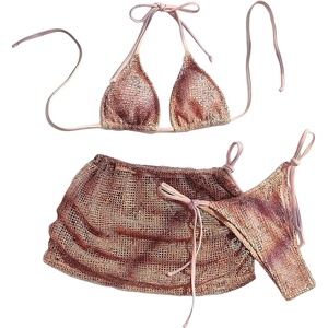 image:imageMakeMeChic Womens 3 Piece Crochet Bikini Sets Halter Triangle Summer Bathing Suit with Cover Up Skirt SwimsuitsPink