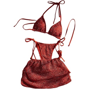 image:imageMakeMeChic Womens 3 Piece Crochet Bikini Sets Halter Triangle Summer Bathing Suit with Cover Up Skirt SwimsuitsRed