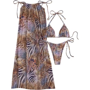 image:imageMakeMeChic Womens 3 Piece Zebra Cheetah Bikini Sets Polka Dots Strapless Bathing Suit with Swimsuit CoverupAnimal Print
