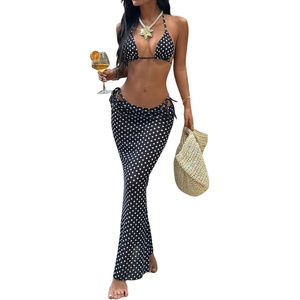 image:imageMakeMeChic Womens 3 Piece Zebra Cheetah Bikini Sets Polka Dots Strapless Bathing Suit with Swimsuit CoverupBlack Polka Dots