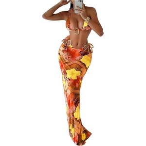 image:imageMakeMeChic Womens 3 Piece Zebra Cheetah Bikini Sets Polka Dots Strapless Bathing Suit with Swimsuit CoverupBright Yellow