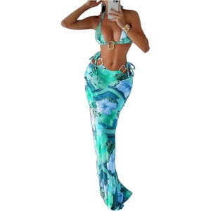 image:imageMakeMeChic Womens 3 Piece Zebra Cheetah Bikini Sets Polka Dots Strapless Bathing Suit with Swimsuit CoverupCadet Blue