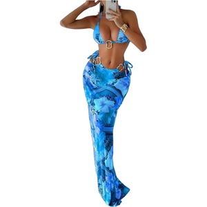 image:imageMakeMeChic Womens 3 Piece Zebra Cheetah Bikini Sets Polka Dots Strapless Bathing Suit with Swimsuit CoverupCool Blue