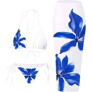 image:imageMakeMeChic Womens 3 Piece Zebra Cheetah Bikini Sets Polka Dots Strapless Bathing Suit with Swimsuit CoverupFlower Blue White