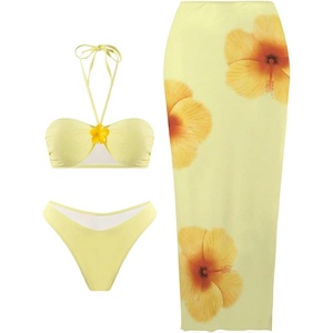 image:imageMakeMeChic Womens 3 Piece Zebra Cheetah Bikini Sets Polka Dots Strapless Bathing Suit with Swimsuit CoverupHalter Yellow