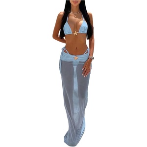 image:imageMakeMeChic Womens 3 Piece Zebra Cheetah Bikini Sets Polka Dots Strapless Bathing Suit with Swimsuit CoverupLight Blue