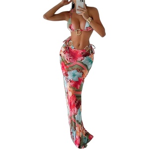 image:imageMakeMeChic Womens 3 Piece Zebra Cheetah Bikini Sets Polka Dots Strapless Bathing Suit with Swimsuit CoverupRose Red