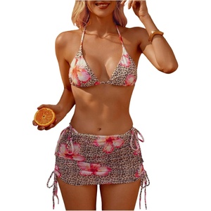 image:imageMakeMeChic Womens Beach String Bikini Sets Floral Cheetah Print Halter Triangle Three Piece SwimsuitsLight Brown