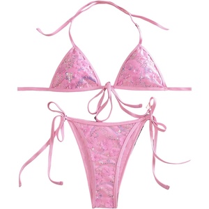 image:imageMakeMeChic Womens Sexy String Sequin Bikini Sets Triangle Halter Swimsuits Cheeky Summer Bathing SuitsPink
