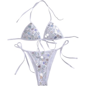 image:imageMakeMeChic Womens Sexy String Sequin Bikini Sets Triangle Halter Swimsuits Cheeky Summer Bathing SuitsWhite