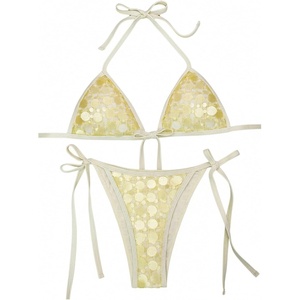image:imageMakeMeChic Womens Sexy String Sequin Bikini Sets Triangle Halter Swimsuits Cheeky Summer Bathing SuitsYellow