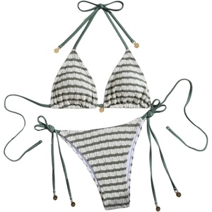 image:imageMakeMeChic Womens Striped Triangle Thong Micro Bikini Sets Halter Swimsuits Bathing SuitDark Green