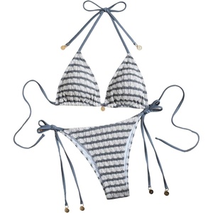 image:imageMakeMeChic Womens Striped Triangle Thong Micro Bikini Sets Halter Swimsuits Bathing SuitLight Grey