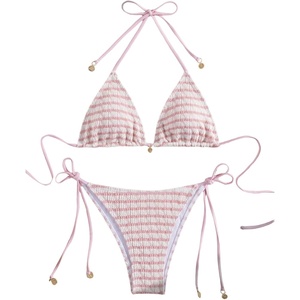 image:imageMakeMeChic Womens Striped Triangle Thong Micro Bikini Sets Halter Swimsuits Bathing SuitLight Pink