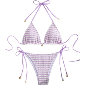image:imageMakeMeChic Womens Striped Triangle Thong Micro Bikini Sets Halter Swimsuits Bathing SuitMauve Purple