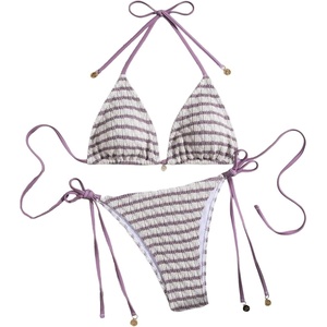 image:imageMakeMeChic Womens Striped Triangle Thong Micro Bikini Sets Halter Swimsuits Bathing SuitPurplish Red