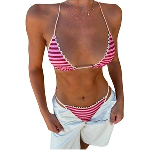 image:imageMakeMeChic Womens Striped Triangle Thong Micro Bikini Sets Halter Swimsuits Bathing SuitRed Pink