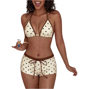 image:imageMakeMeChic Womens Triangle Bikini Sets Star Print Halter Tops and Boyshorts Bathing SuitBrown and White