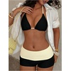 image:imageMakeMeChic Womens Bikini with Shorts Boyshort Bikini Set Halter Triangle Tie Backless Y2K SwimsuitBlack and White B