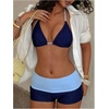 image:imageMakeMeChic Womens Bikini with Shorts Boyshort Bikini Set Halter Triangle Tie Backless Y2K SwimsuitBlue
