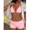 image:imageMakeMeChic Womens Bikini with Shorts Boyshort Bikini Set Halter Triangle Tie Backless Y2K SwimsuitPink B
