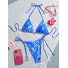 image:imageMakeMeChic Womens Floral Sequin Colorful Striped Triangle Thong Bikini Sets Halter String Swimsuit Bathing SuitDark Blue Floral