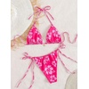 image:imageMakeMeChic Womens Floral Sequin Colorful Striped Triangle Thong Bikini Sets Halter String Swimsuit Bathing SuitFlower Hot Pink