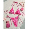 image:imageMakeMeChic Womens Floral Sequin Colorful Striped Triangle Thong Bikini Sets Halter String Swimsuit Bathing SuitFlower Pink