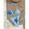 image:imageMakeMeChic Womens Floral Sequin Colorful Striped Triangle Thong Bikini Sets Halter String Swimsuit Bathing SuitLight Blue Flower