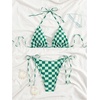 image:imageMakeMeChic Womens Floral Sequin Colorful Striped Triangle Thong Bikini Sets Halter String Swimsuit Bathing SuitPlaid Green