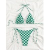 image:imageMakeMeChic Womens Floral Sequin Colorful Striped Triangle Thong Bikini Sets Halter String Swimsuit Bathing SuitPlaid Green