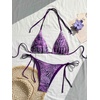 image:imageMakeMeChic Womens Floral Sequin Colorful Striped Triangle Thong Bikini Sets Halter String Swimsuit Bathing SuitPurple