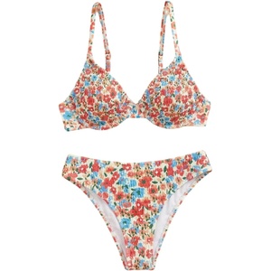 image:imageMakeMeChic Womens 2 Piece Bikini Set Floral Underwire Spaghetti Strap Smocked Bathing SuitBlue and Red
