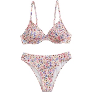 image:imageMakeMeChic Womens 2 Piece Bikini Set Floral Underwire Spaghetti Strap Smocked Bathing SuitPurple and Pink