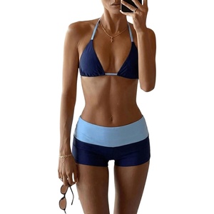 image:imageMakeMeChic Womens Bikini with Shorts Boyshort Bikini Set Halter Triangle Tie Backless Y2K SwimsuitBlue