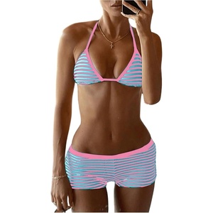 image:imageMakeMeChic Womens Bikini with Shorts Boyshort Bikini Set Halter Triangle Tie Backless Y2K SwimsuitBlue and Pink