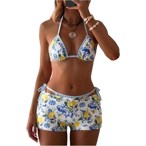 image:imageMakeMeChic Womens Bikini with Shorts Boyshort Bikini Set Halter Triangle Tie Backless Y2K SwimsuitBlue and White